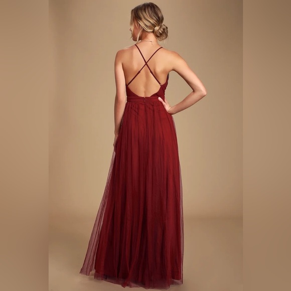 Lulu’s Prom Rare Beauty Burgundy Tulle Backless Maxi Dress size S - Picture 6 of 9